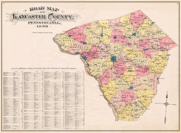 1899 Road Map of Lancaster County Pennsylvania